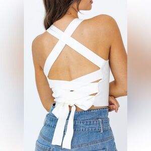 Le Lis teal/ blue Crisscross Lace-Up Back Crop Top